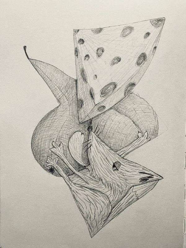 Графический рисунок с куском сыра с дырками, грушей и мордой волка.